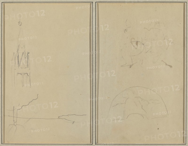 Church Tower; A Sketch of a Fan [recto], 1884-1888.