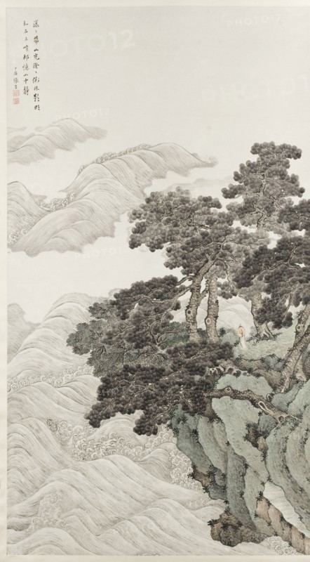 Solitary person under pines contemplating waves, 1820.
