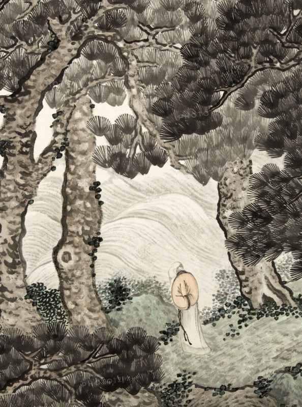 Solitary person under pines contemplating waves, 1820.