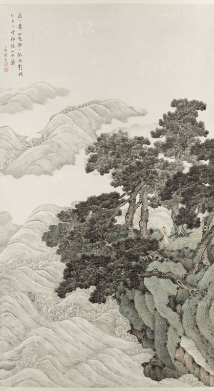 Solitary person under pines contemplating waves, 1820.