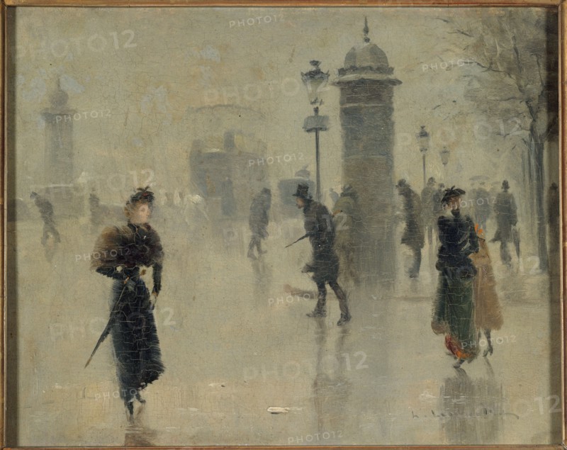 Passers-by on the boulevard on a winter's day, circa 1895.