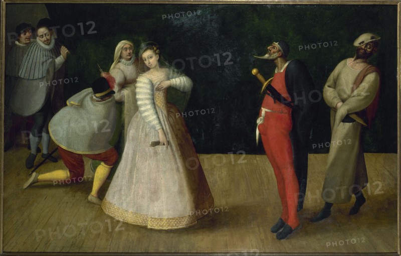 Troupe de comédiens italiens (les Gelosi ?), c1580.