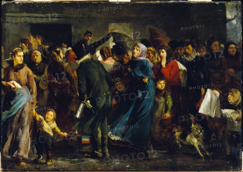 Queue in the butcher's shop in 1871, c1871.