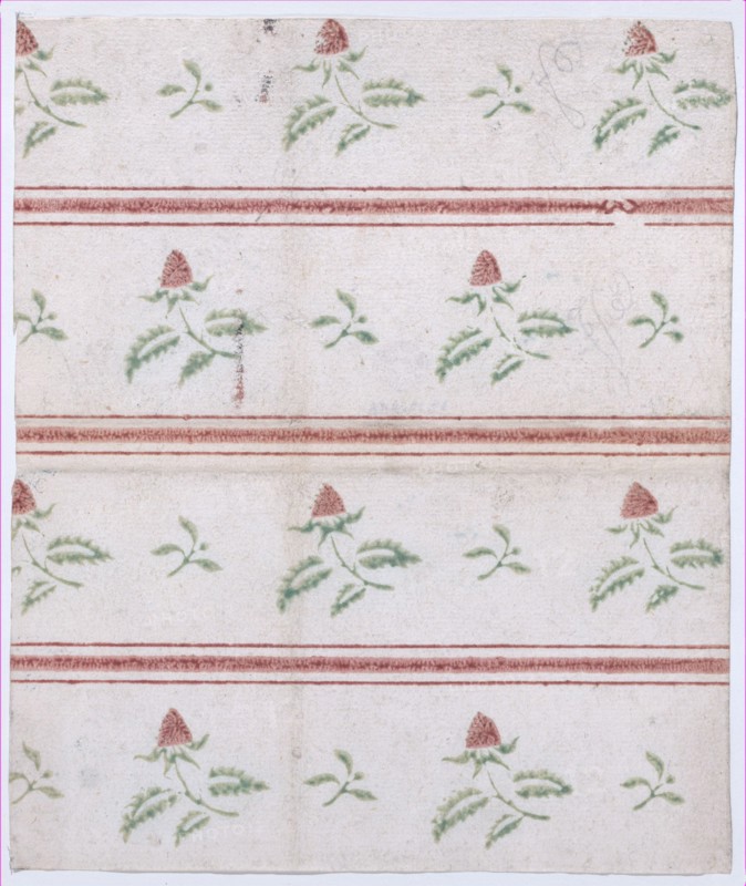 Sheet with overall leaf, flower, and stripe pattern, 19th century.