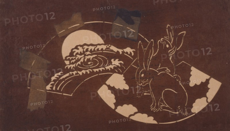Katagami stencil with rabbits and a moon, between 1900 and 1952.