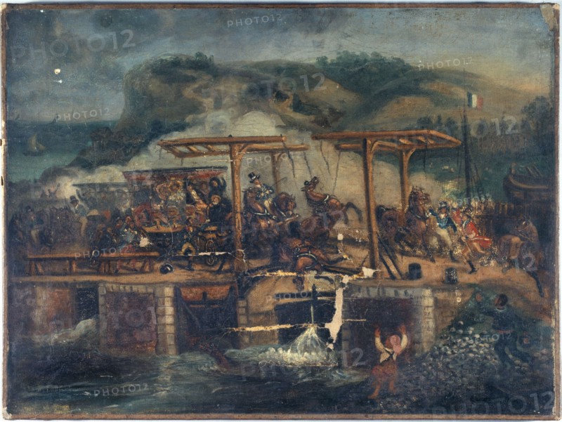 Carriage accident on a bridge around 1835, between 1830 and 1840.