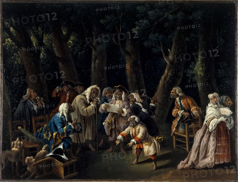 Council of monkeys or politicians in the Tuileries Garden, c1740.