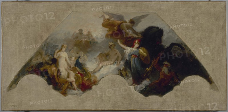 Minerva fighting Brute Force in front of reunited Olympus, c1872.
