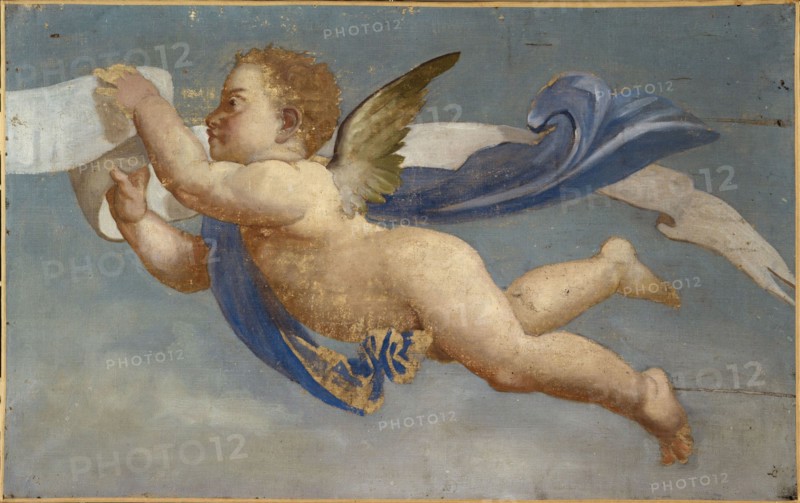Putto holding parchment. Decorative painting, between 1801 and 1900.