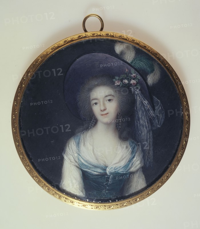 Portrait of woman in a plumed hat with ribbon, c1785.