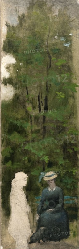 Two female figures (including one unfinished) at the foot of a tree.