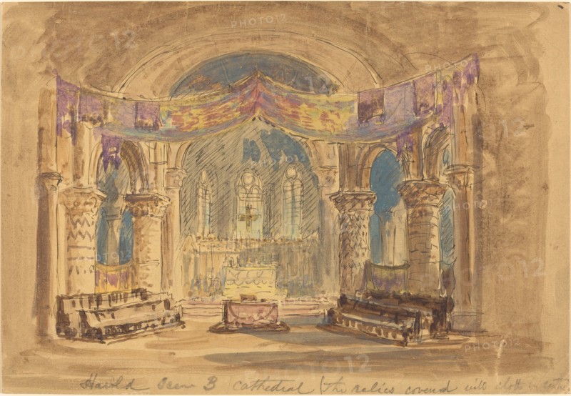 Harold Scene 3 Cathedral (The relics covered with cloth at centre).