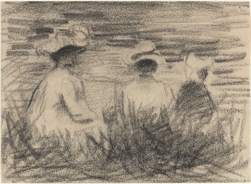 Three Figures Seated in a Meadow, Seen from the Back, late 19th century.