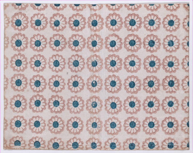 Sheet with overall pattern of pink flowers with blue centers, 19th century.