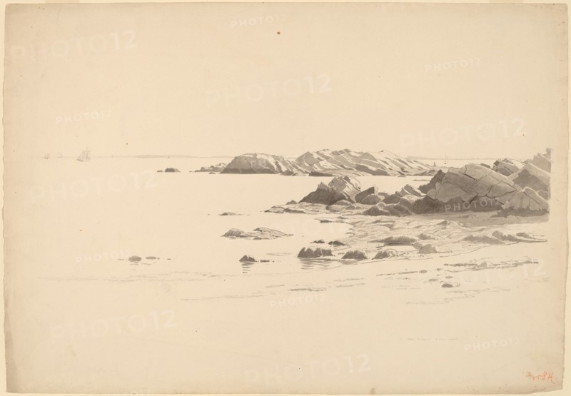 Rocklined Beach with Distant Boats, probably 1860/1869.