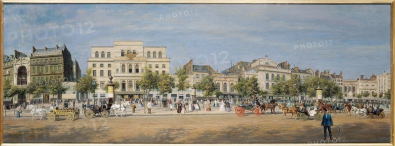 General view of theatres on Boulevard du Temple in 1862.