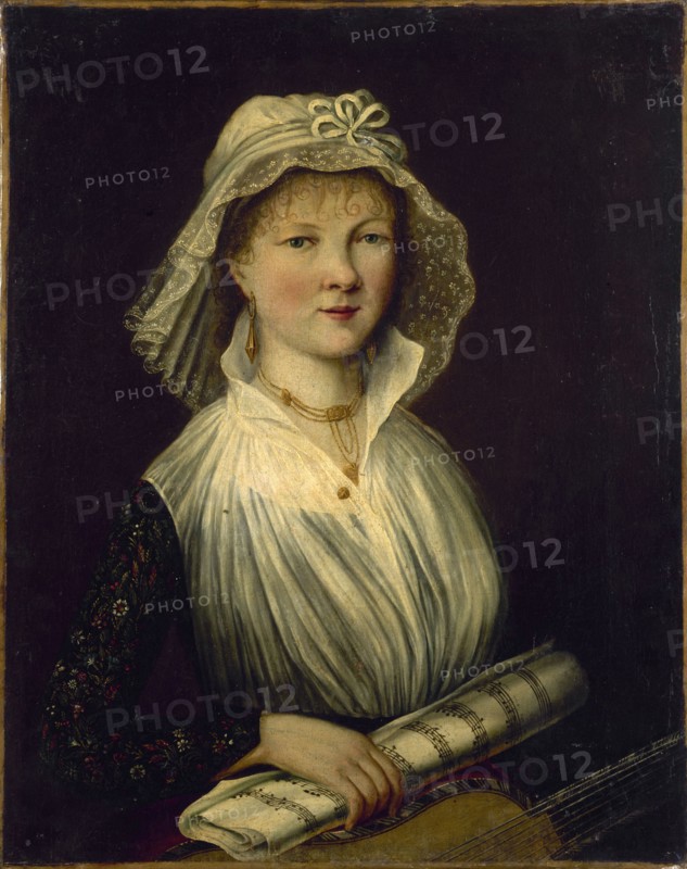 Portrait of a woman holding a roll of music, known as Mme Courcier, 1796.