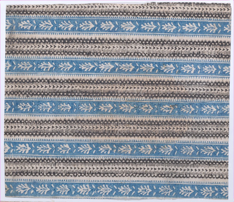 Sheet with five borders with blue and black abstract patterns, 19th century.