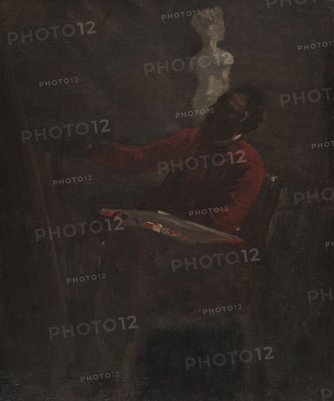 Carpeaux en veston rouge peignant dans son atelier, c.1865.
