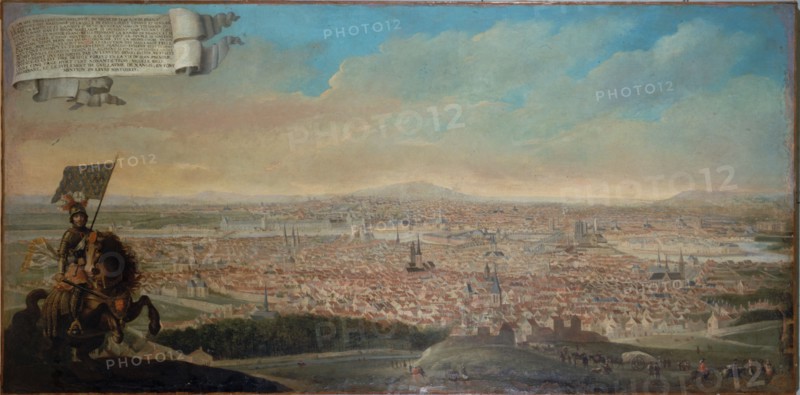 Cavalier with view of Paris, equestrian portrait, Pepin des Essarts, c1645.