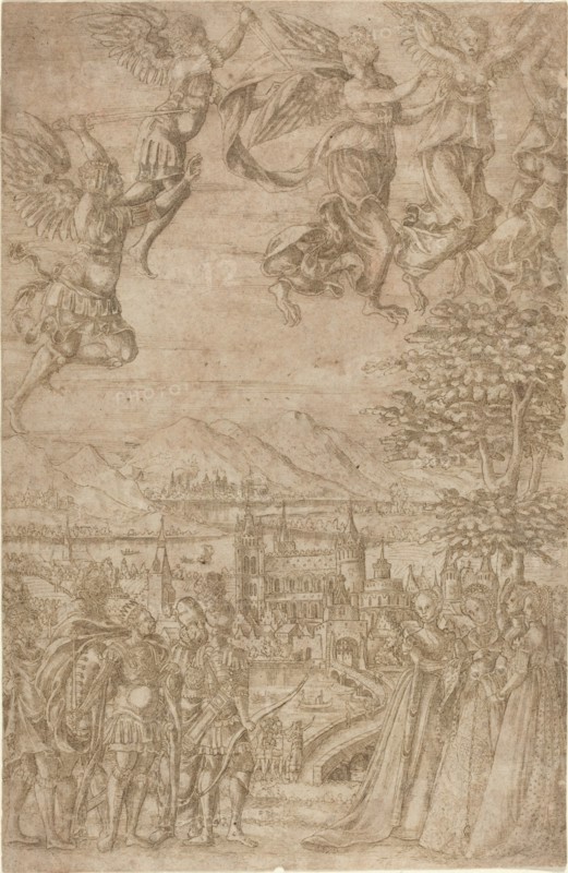 A King and His Retinue Confronting Ladies under a Celestial Battle, c. 1600.
