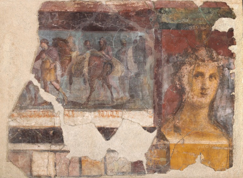 Female herm and fragment with Iliad scene, 1st century. Creator: Roman-Pompeian wall painting.