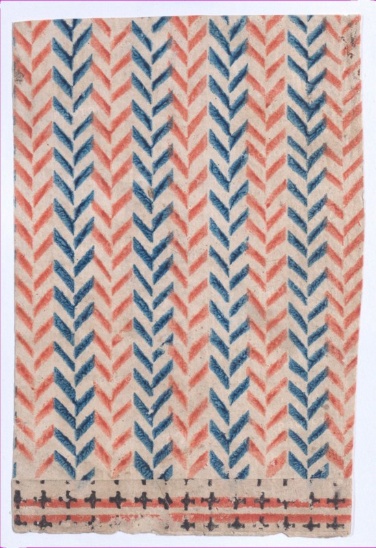 Sheet with overall orange and blue geometric pattern, 19th century.