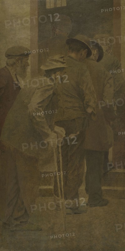 La Bouchée de pain : groupe d'hommes montant les marches, between 1904.