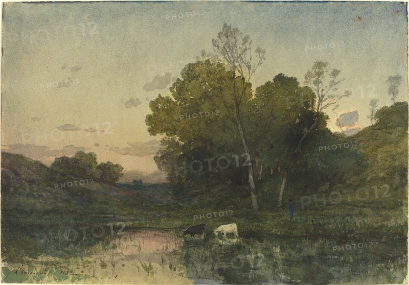 Evening Light on a Wooded Lakeside with Cattle Drinking, 1882.