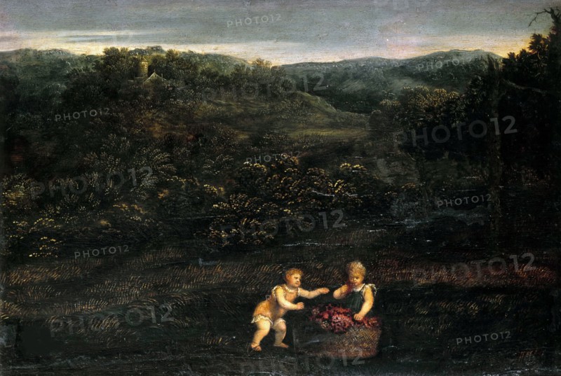 Landscape with two children and a basket of grapes, c. 1550. Creator: Bordone, Paris (1500-1571).