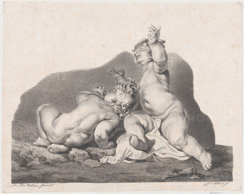 Two children lying on the ground, one seen from behind, 19th century.