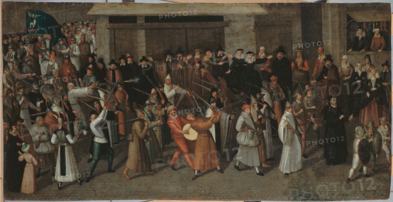 Procession of the League on Ile de la Cite, just outside Notre-Dame, c1590.