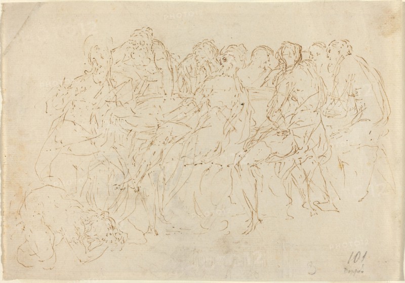 Magdalene Washing the Feet of Christ with Eight Disciples Looking On [recto].