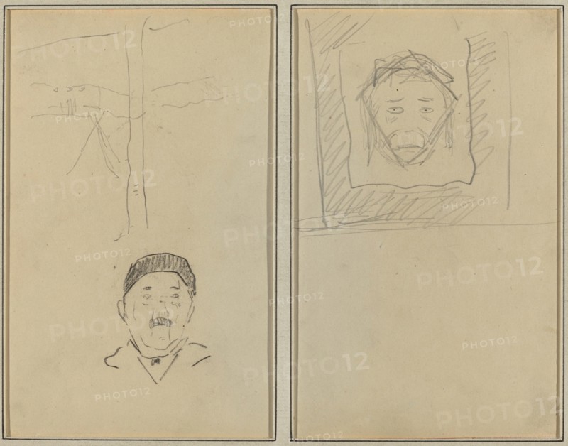 Landscape and Head of Man; Head of Monkey Inside a Square [recto], 1884-1888.