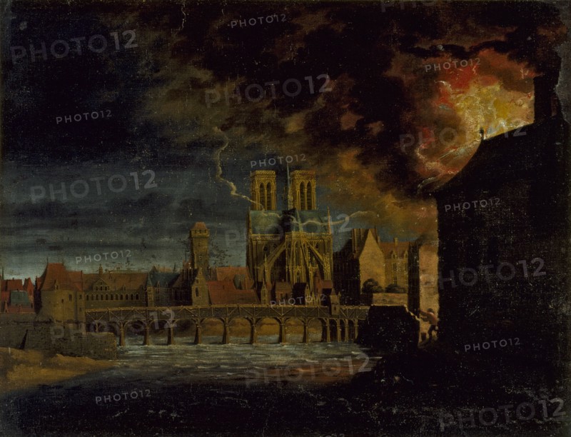 Apse of Notre-Dame, Pont de la Tournelle and ile Saint-Louis, during a fire, c1640.