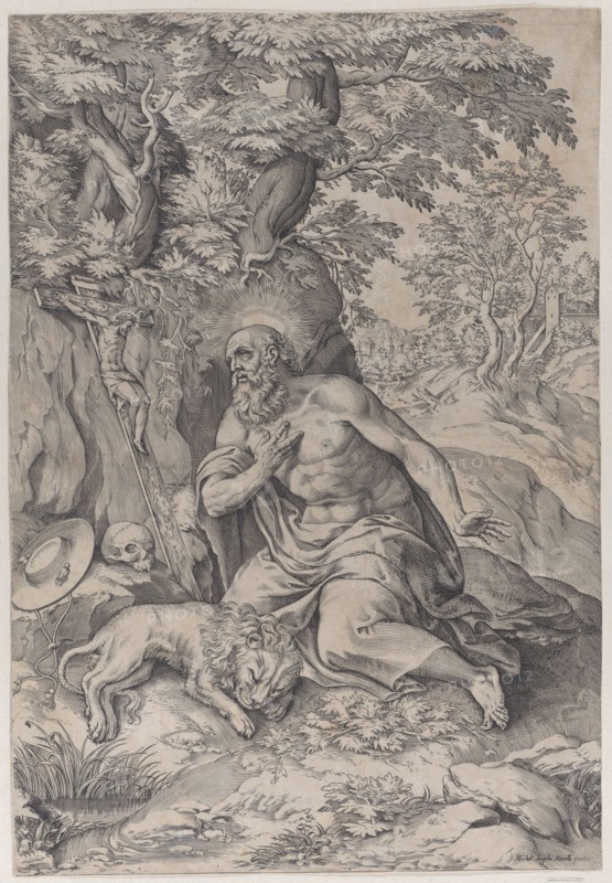 Saint Jerome in the wilderness, with a lion at left, 1578-80.