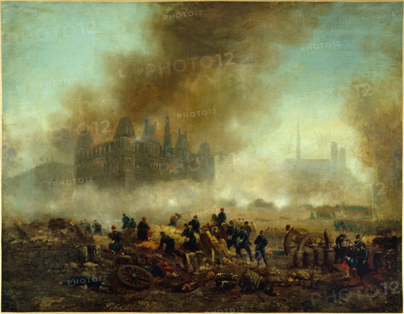 The Hotel de Ville set on fire, attacked by the troops of Versailles, 1871.