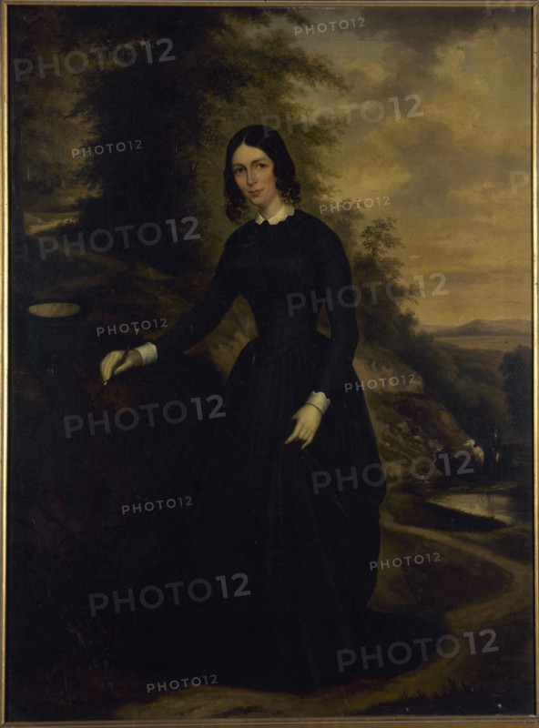 Portrait of Sophie Perumon (1801-1854), in riding costume, at Bois de Boulogne, c1845.