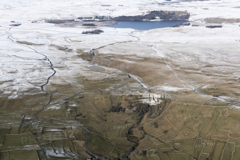 Malham Cove and Malham Tarn with a light dusting of snow, North Yorkshire, 2018.