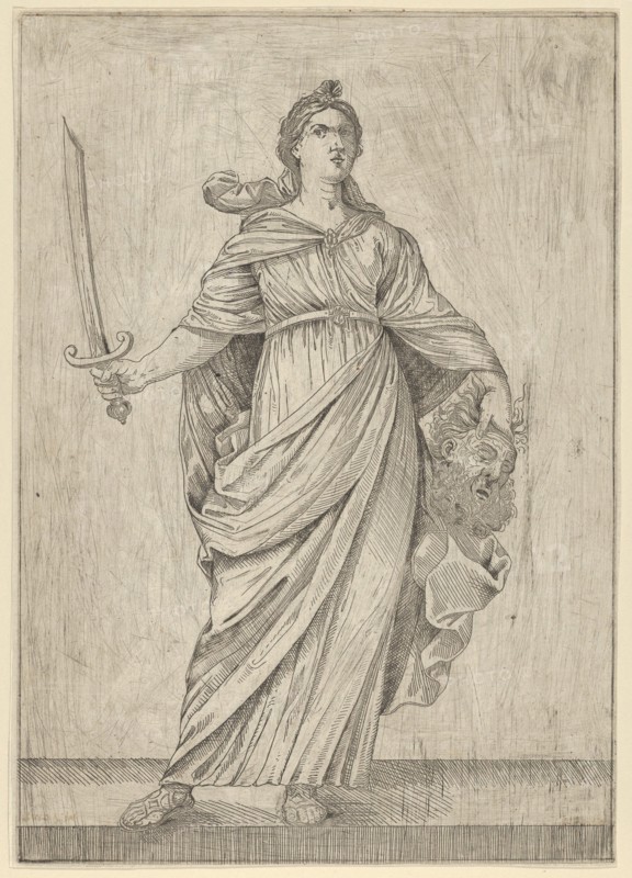 Judith standing on a ledge holding the head of Holofernes in her left hand.., 17th century. Creator: Anon.