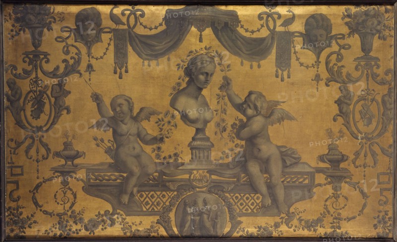 Grotesque decorative panel, two cupids crowning a bust with flowers, between 1801 and 1900.