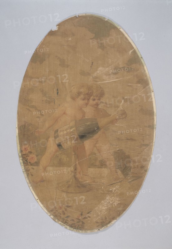 Two cupids uncorking a bottle of champagne. Decorative painting for the Cafe de Paris, c1900.
