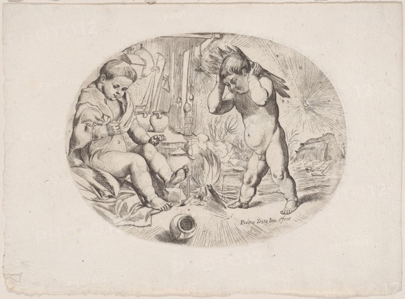 Putto at left by a fire, another at right carrying wood, an allegory of the seasons, ca.1650-80. Creator: Anon.