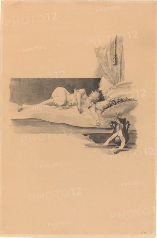 Illustration for "Jestrab Kontra Hrdlicka, XXII" (Girl asleep on a bed), c. 1890.