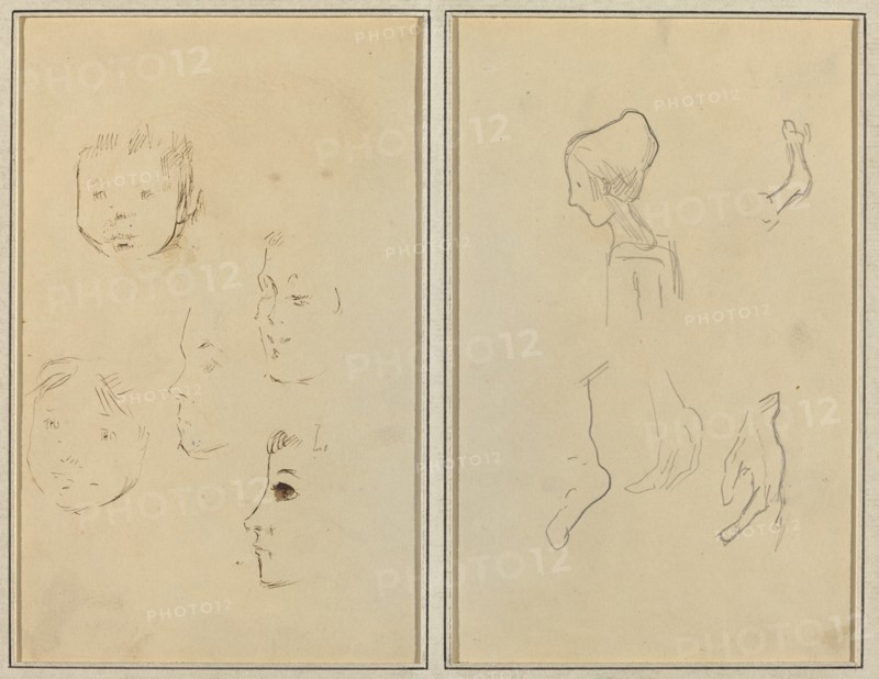 Five Studies of Heads; A Boy in Profile with Studies of Hands and Feet [verso], 1884-1888.