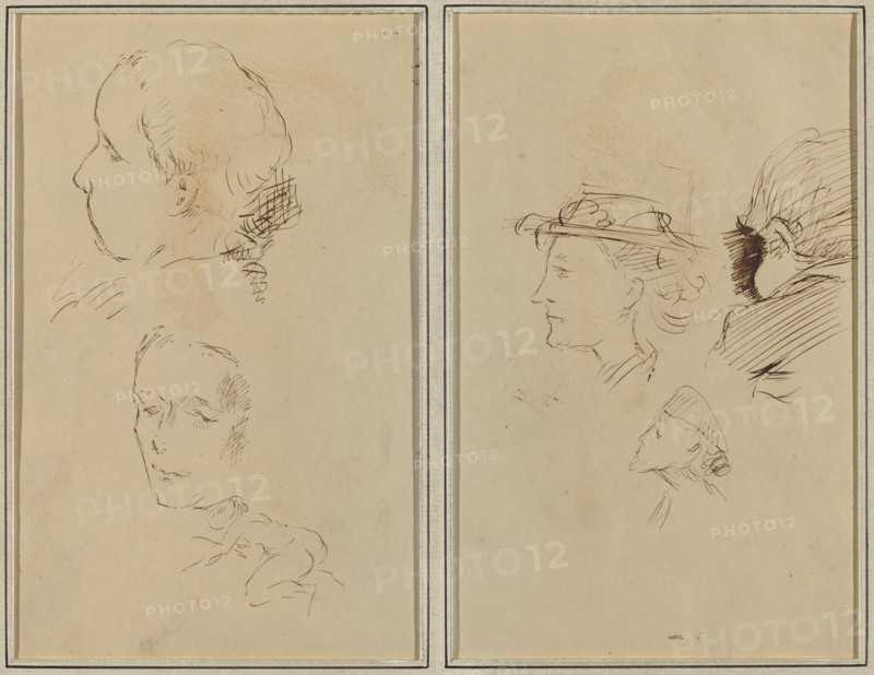 Two Head Studies and a Crouching Nude Woman; Two Women's Heads and a Head of Child [recto], 1884-1888.