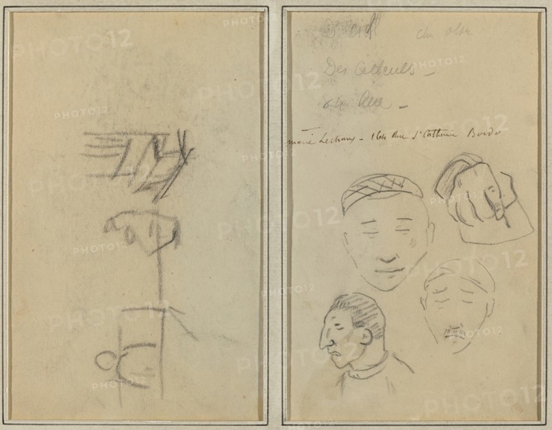 Two Figures and a Bench; Three Studies of Men's Heads and One of a Hand [recto], 1884-1888.
