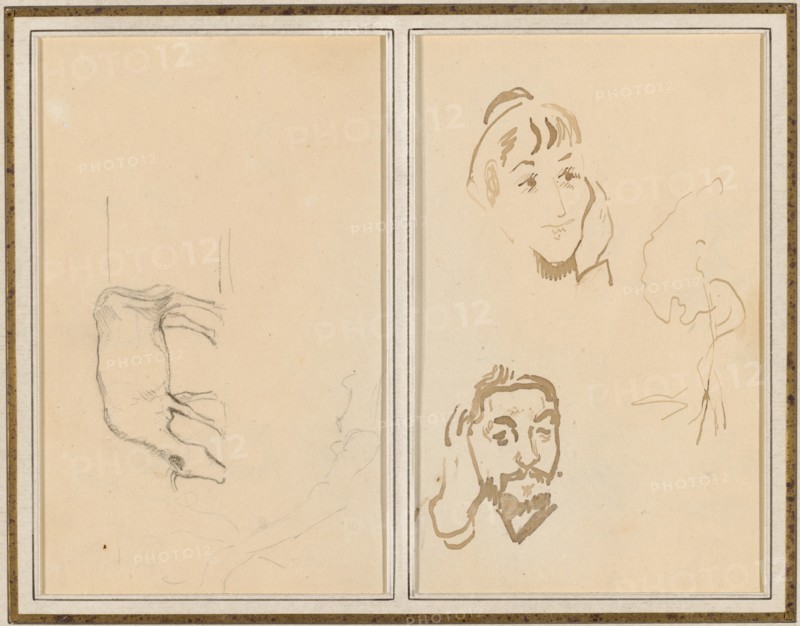 A Grazing Cow; Head of a Woman with Her Hand on Her Cheek, and Head..., [verso], 1884-1888. Creator: Paul Gauguin.
