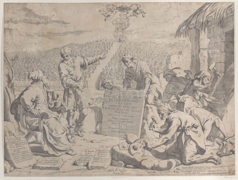 Stonemasons carving the arms of the Bolognese Cardinal Petro Vidono, under his direction, 1663.