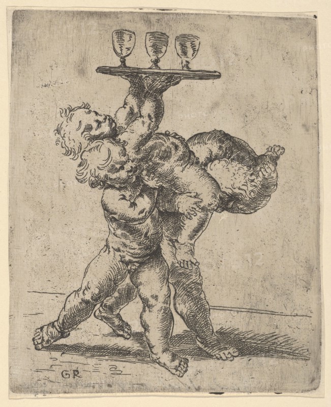 Two naked boys carrying a third who supports a tray with three goblets, after Reni, ca. 1600-1640.